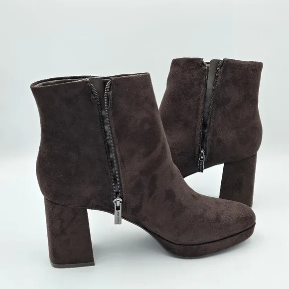 Calvin Klein Uda 2 Faux Suede Heeled Ankle Booties, Chocolate (Brown), Wmns 8.5M - Picture 5 of 16